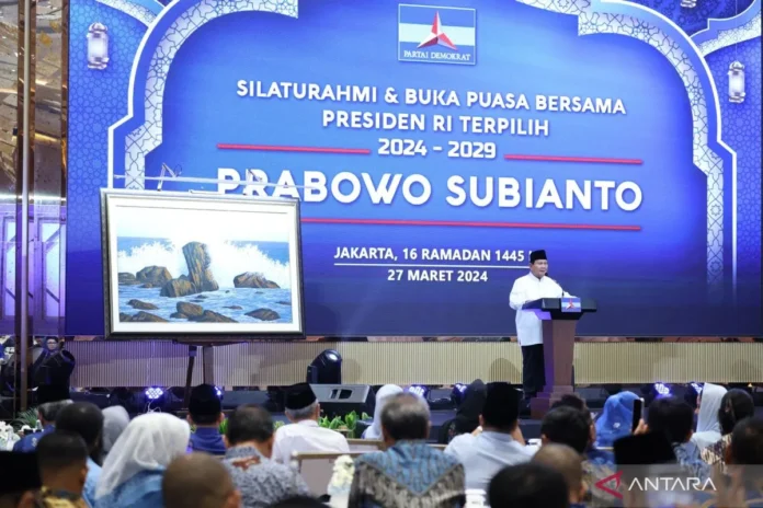 President-elect of Indonesia, Prabowo Subianto, delivers an address during an iftar gathering with the Democratic Party in Jakarta on Wednesday evening, March 27, 2024. (Photo: ANTARA/Prabowo Subianto Media Team)